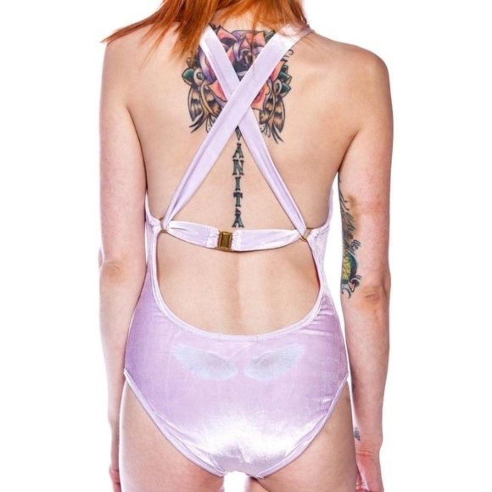 Wildfox Couture Juliet Wings Bodysuit Velvet Swimsuit X Cross Strap - Picture 1 of 8